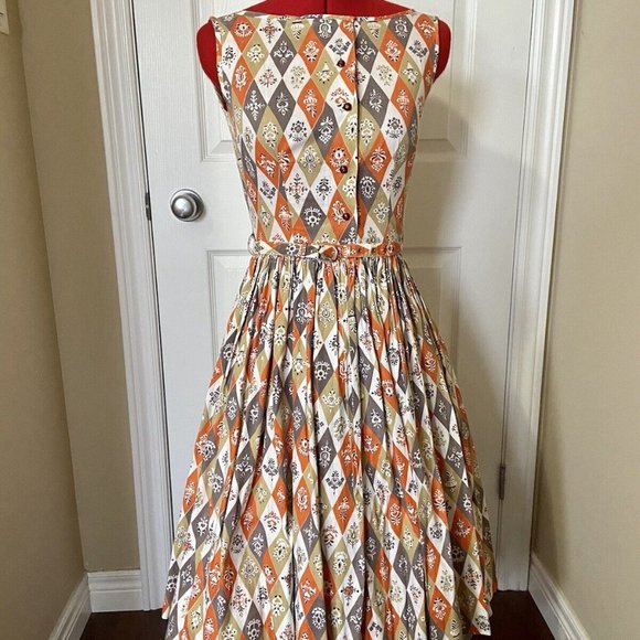 Vintage 1950s Handmade Harlequin Print cotton dress orange grey white - Picture 3 of 7